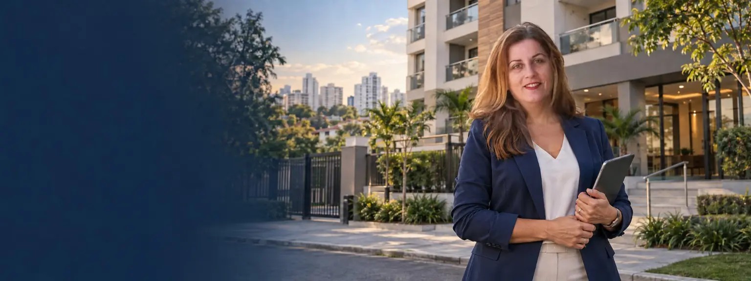 Corretora diante de um empreendimento residencial moderno.