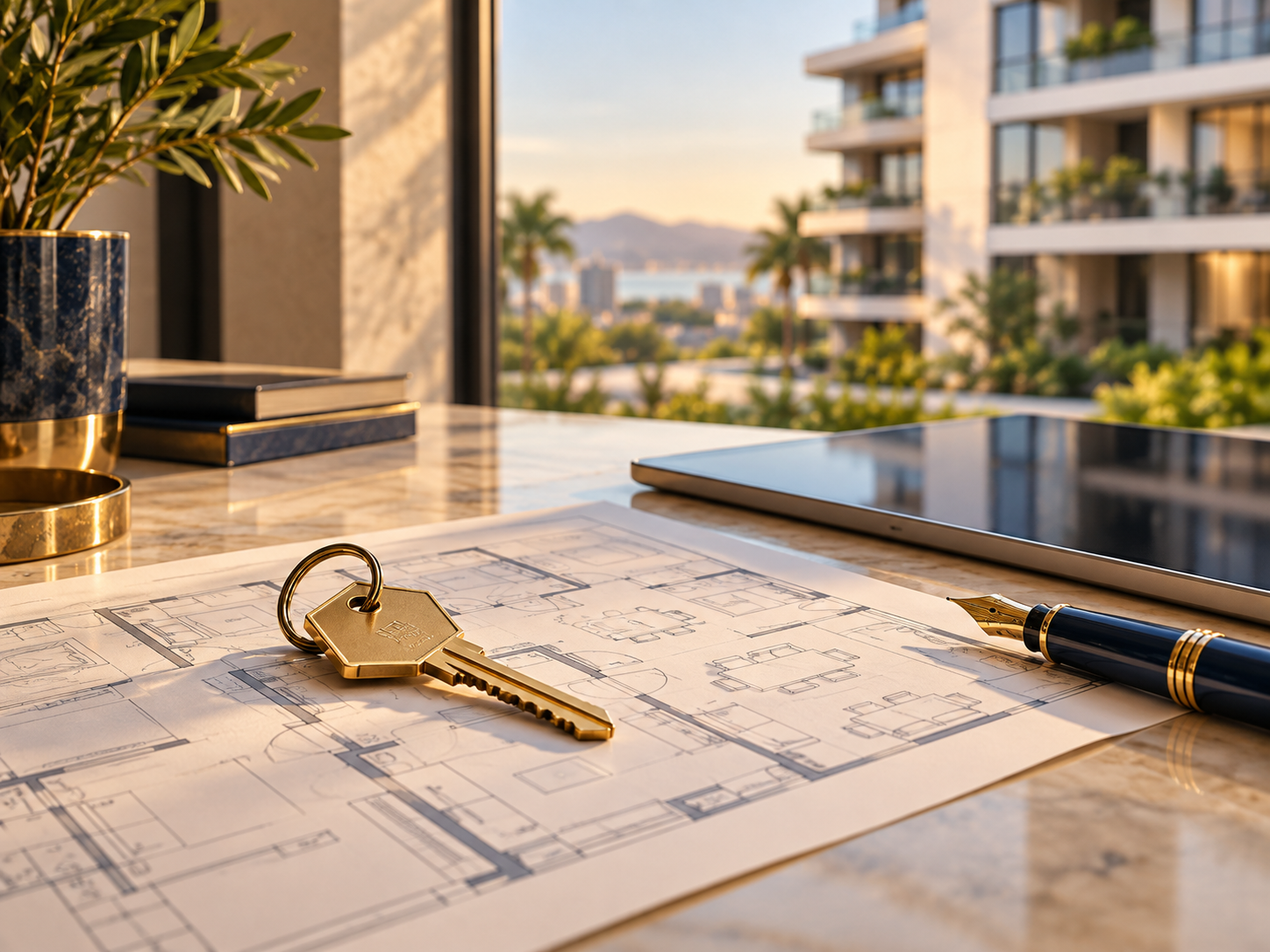 Chave dourada sobre uma planta arquitetônica, ao lado de um tablet, em um ambiente imobiliário profissional.